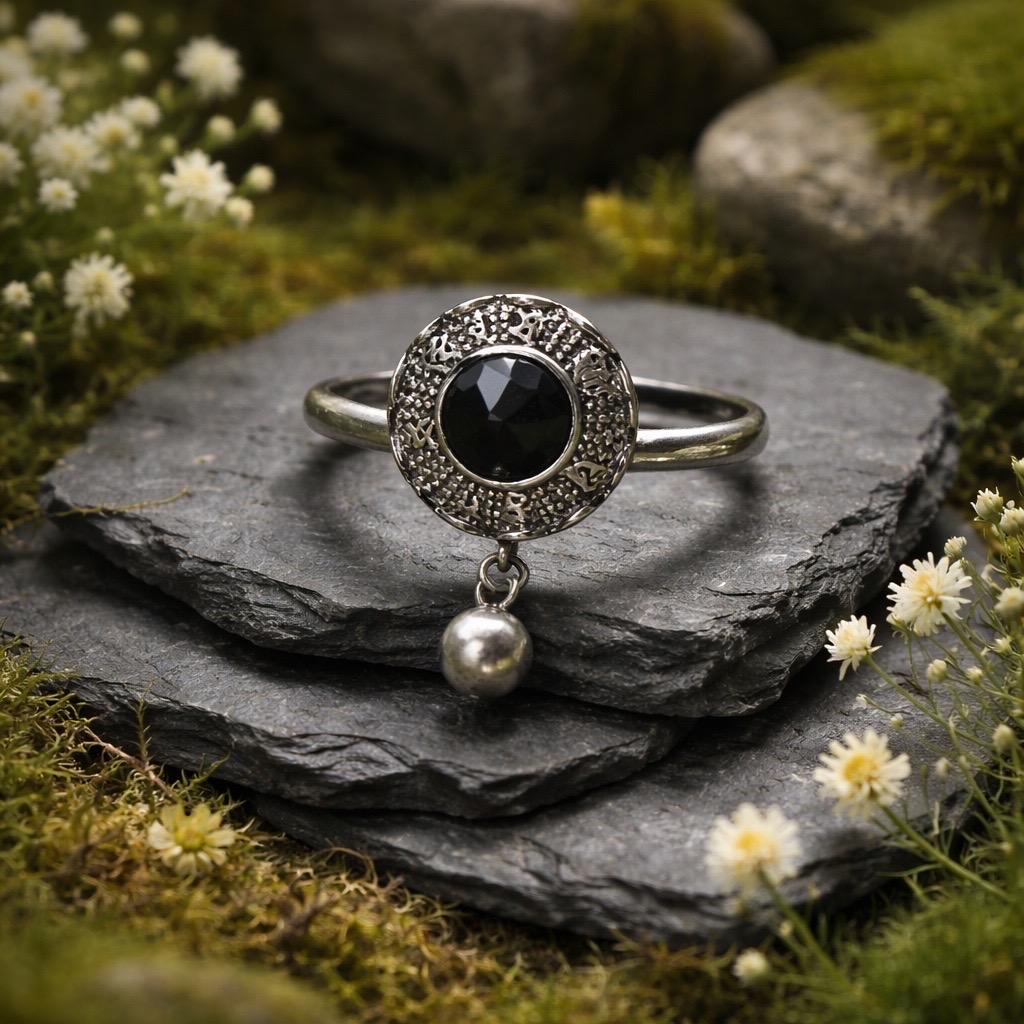Lotus Flower Spinner Ring With Black Spinel in 925 Sterling Silver - Adjustable Band Celtic Dragon Jewellery