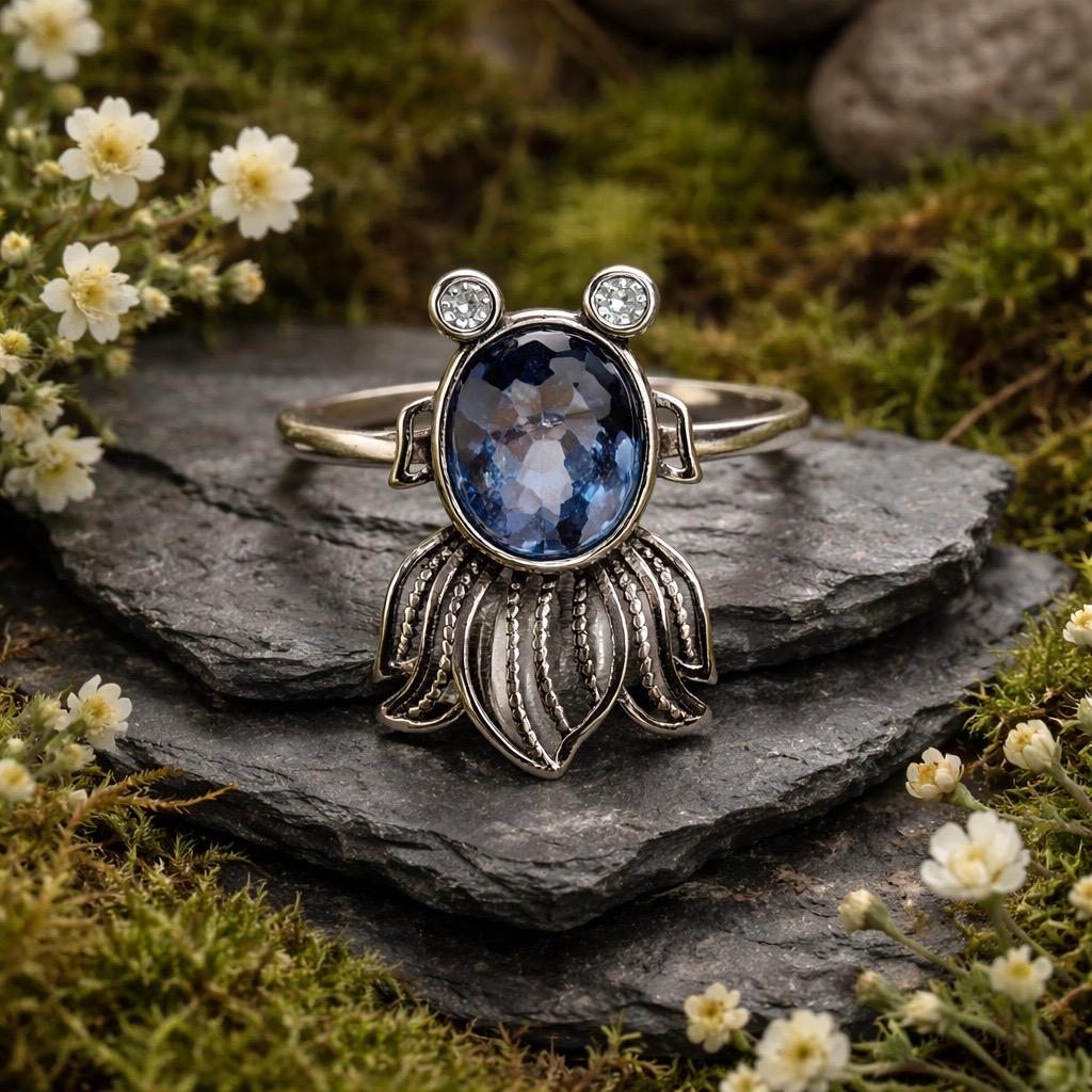 Fancy Fish Ring with Blue Fluorite in 925 Sterling Silver, Adjustable Gothic Jewellery Celtic Dragon Jewellery