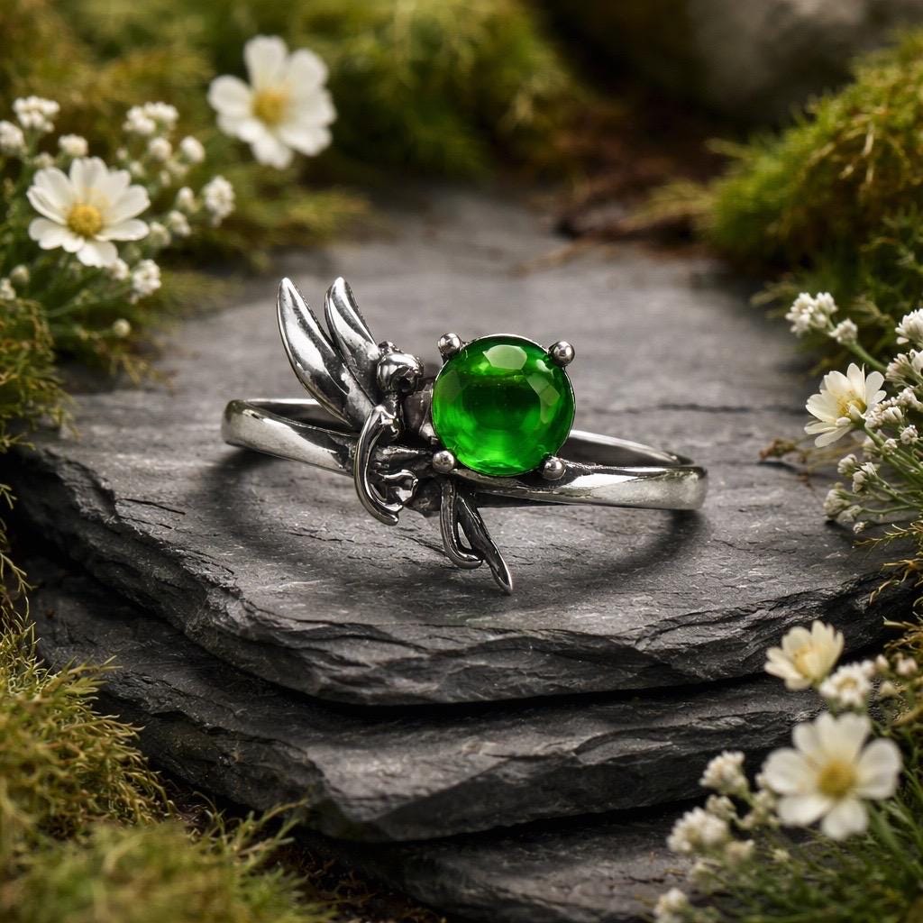 Fairy Ring With Diopside in 925 Sterling Silver - Adjustable Fantasy Jewellery Celtic Dragon Jewellery