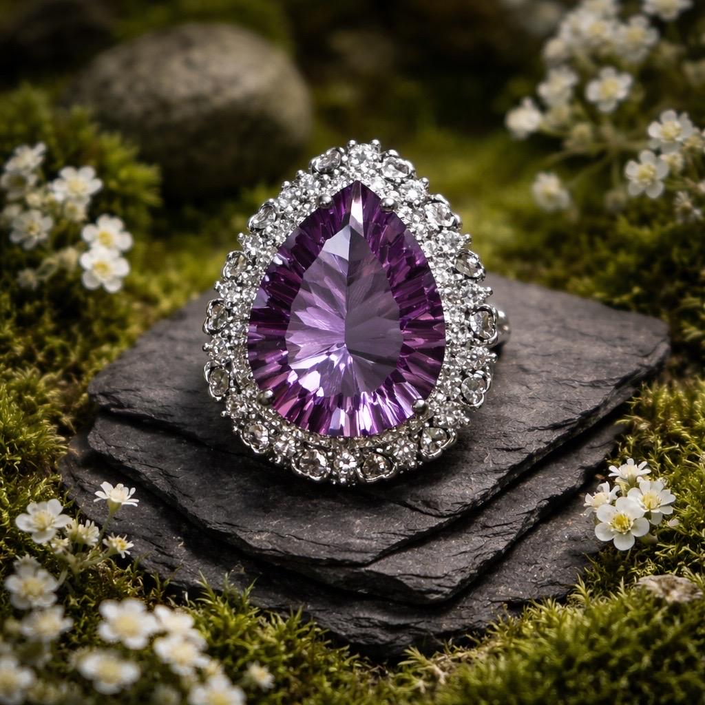 Teardrop Amethyst Ring with CZ Halo Surround in 925 Sterling Silver - Adjustable Statement Jewellery Celtic Dragon Jewellery