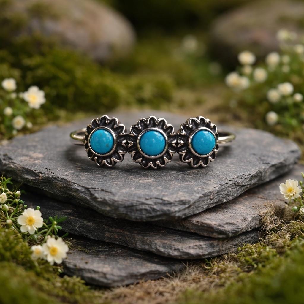 Turquoise Rosette Ring - 925 Sterling Silver - Adjustable Gemstone Jewellery Celtic Dragon Jewellery
