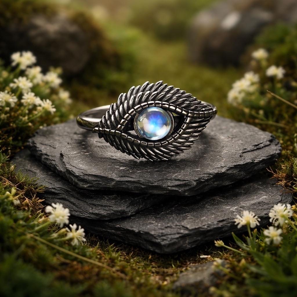 Evil Eye Ring with Moonstone - 925 Sterling Silver - Protective Gemstone Amulet in Gift Box Celtic Dragon Jewellery
