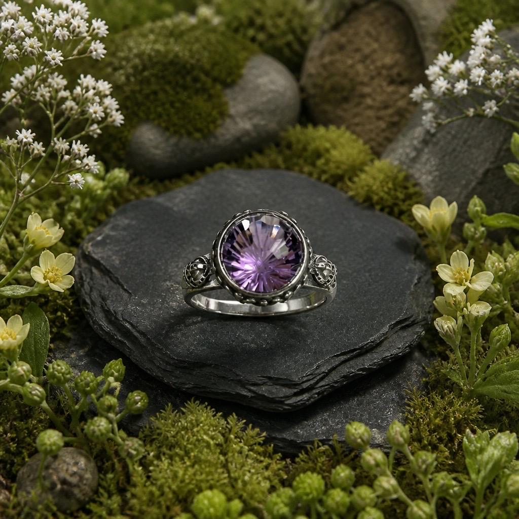 Checkerboard Amethyst Ring in 925 Sterling Silver - Adjustable Statement Jewellery Celtic Dragon Jewellery