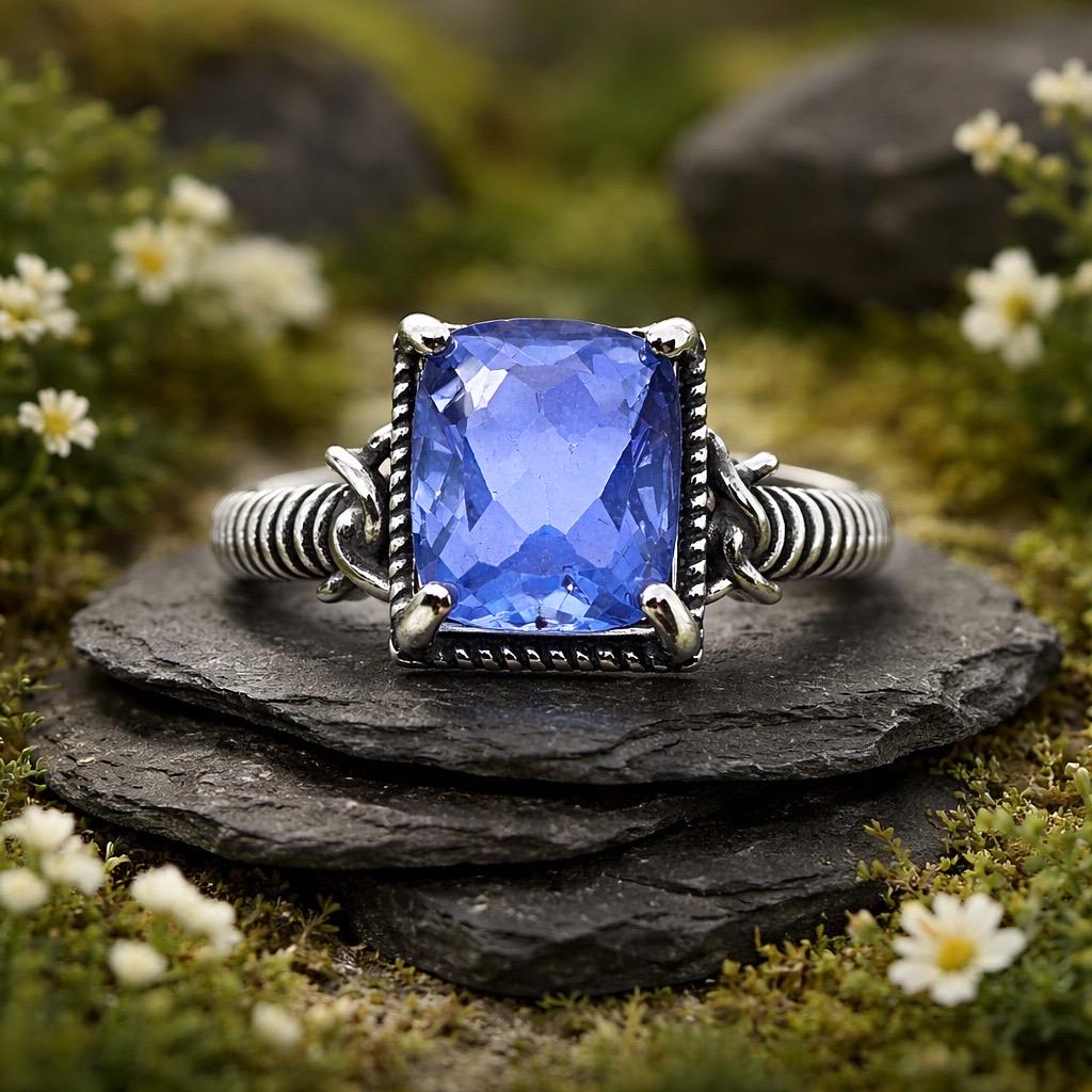 Blue Fluorite Ring, 925 Sterling Silver, Emerald Cut Gothic Jewellery Celtic Dragon Jewellery