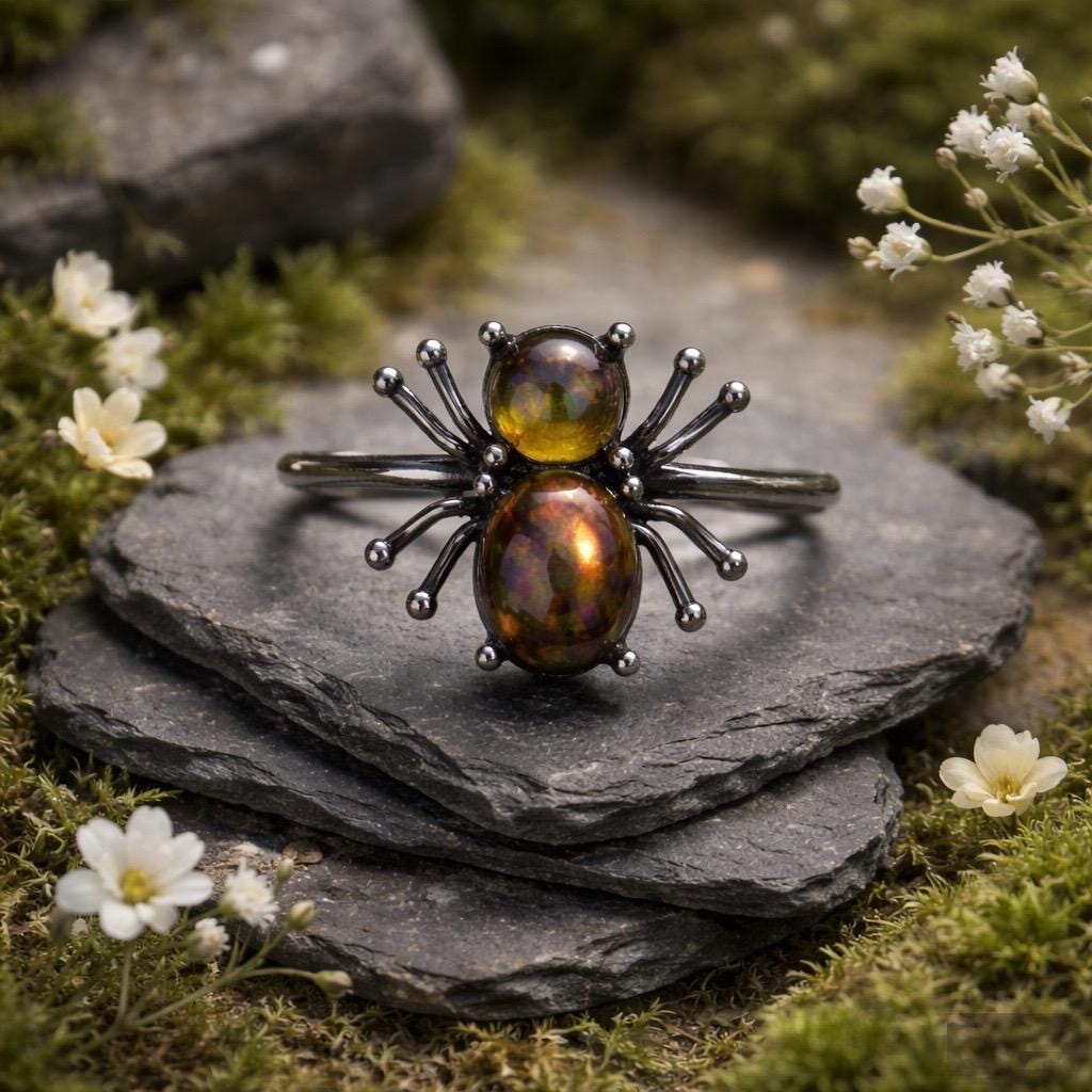 Spider Ring with Black Opal in 925 Sterling Silver, Adjustable Gothic Statement Ring Celtic Dragon Jewellery