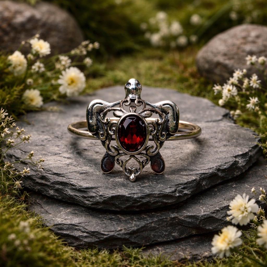 Turtle Ring with Red Garnet in 925 Sterling Silver, Adjustable Animal Jewellery Celtic Dragon Jewellery