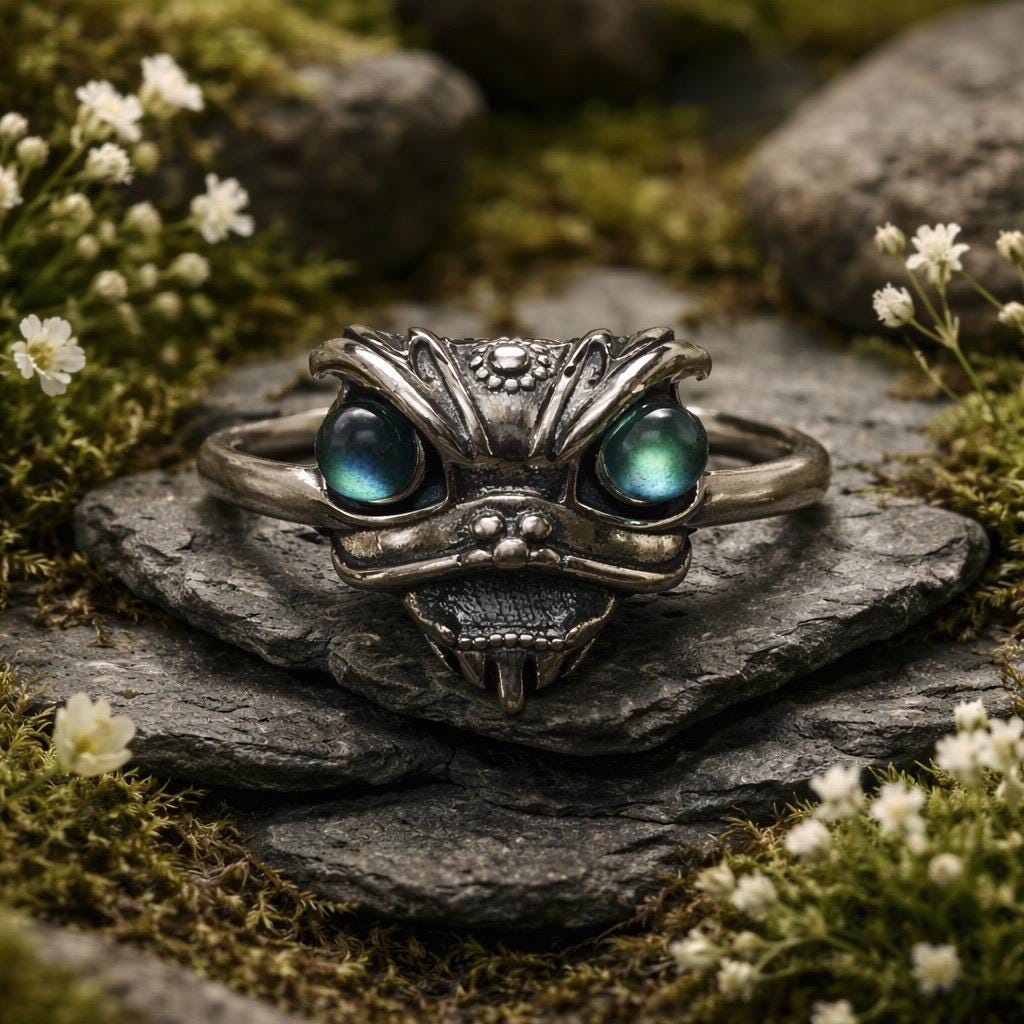 Foo Dog Ring with Labradorite Eyes in 925 Sterling Silver - Adjustable Temple Lion Jewellery Celtic Dragon Jewellery