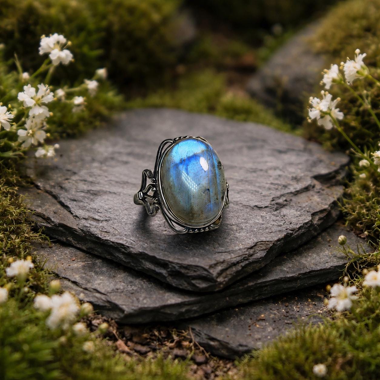 Oval Labradorite Ring in 925 Sterling Silver - Adjustable Filigree Goth Jewellery Celtic Dragon Jewellery