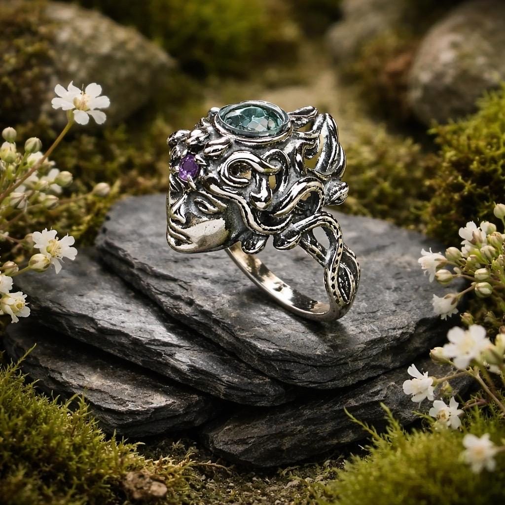 Medusa Ring with Blue Topaz & Amethyst, 925 Sterling Silver - Adjustable Greek Mythology Jewellery Celtic Dragon Jewellery
