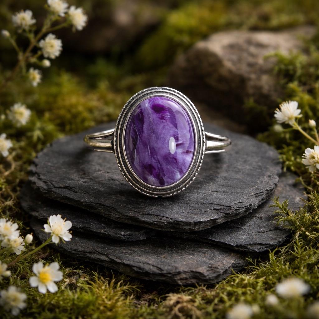 Oval Charoite Ring in 925 Sterling Silver - Adjustable Purple Bezel Goth Jewellery