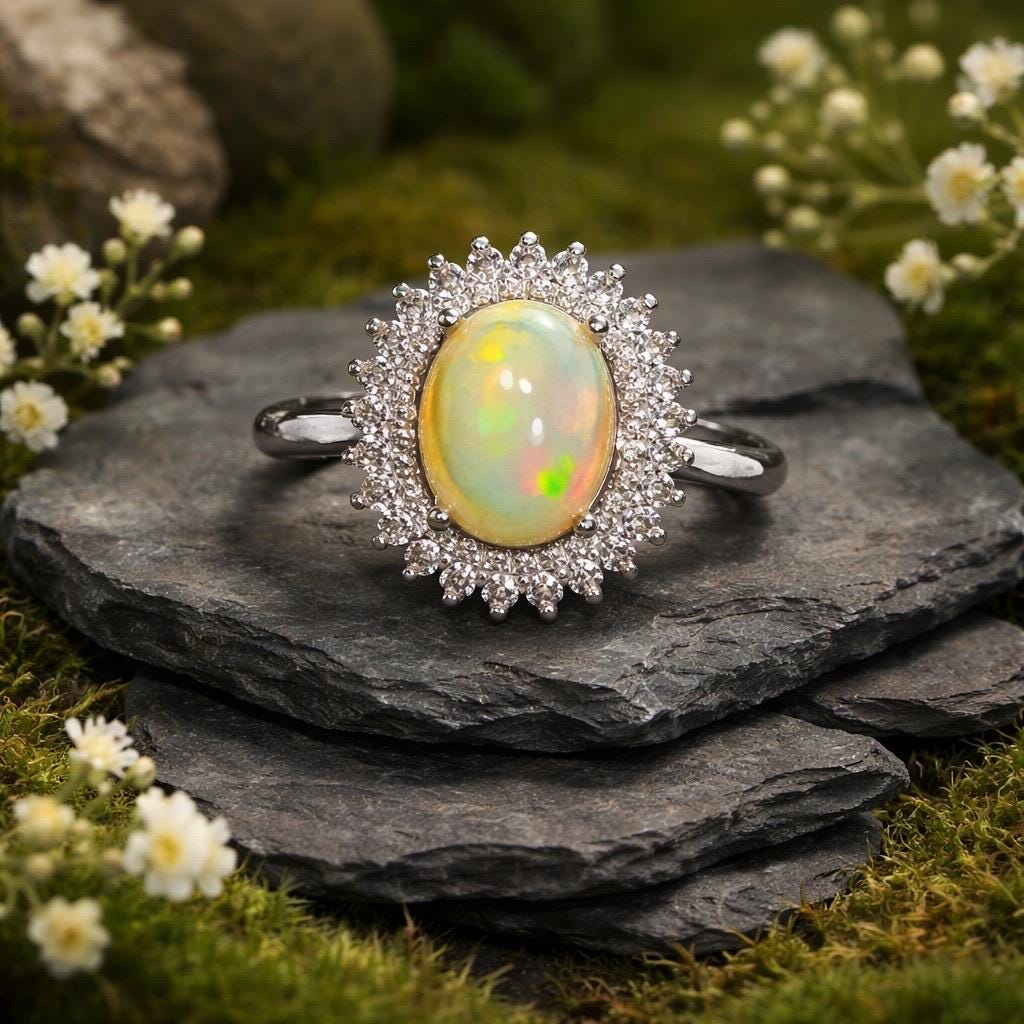 Opal Halo Ring with CZ in 925 Sterling Silver - Adjustable Starburst Jewellery Celtic Dragon Jewellery
