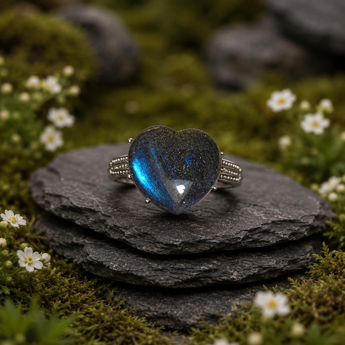 Labradorite Heart Ring in 925 Sterling Silver with Adjustable Band - Blue Flash Goth Jewellery Celtic Dragon Jewellery