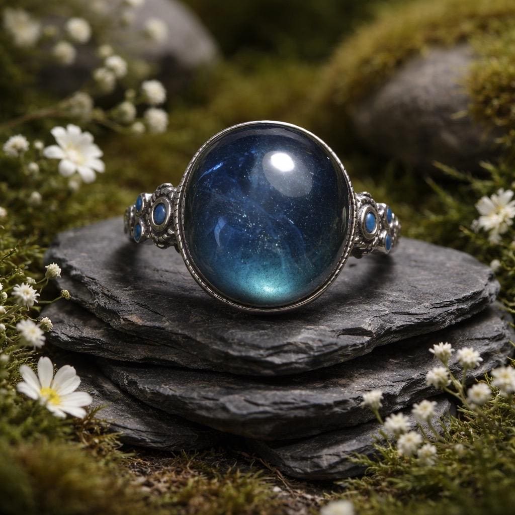 Oval Labradorite Ring with Turquoise, in 925 Sterling Silver, Adjustable Band - Blue Flashy Jewellery Celtic Dragon Jewellery