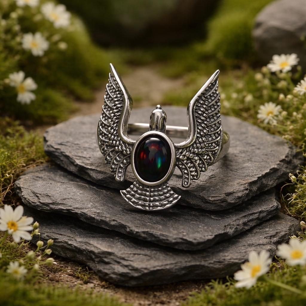 Eagle Ring with Black Opal Set in 925 Sterling Silver - Adjustable Gothic Phoenix Jewellery Celtic Dragon Jewellery