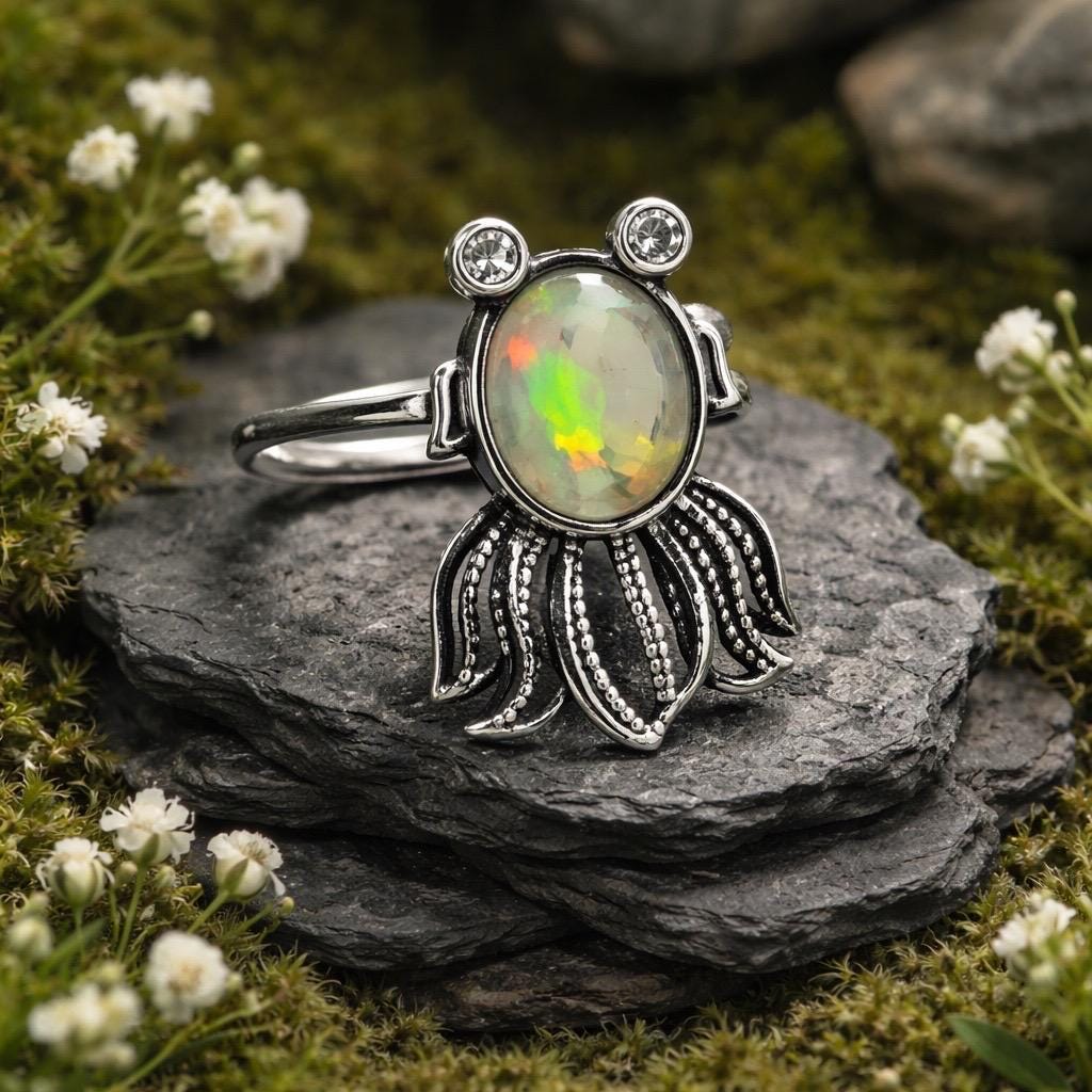 Fancy Fish Ring with Opal & CZ in 925 Sterling Silver - Adjustable Goth Jewellery Celtic Dragon Jewellery