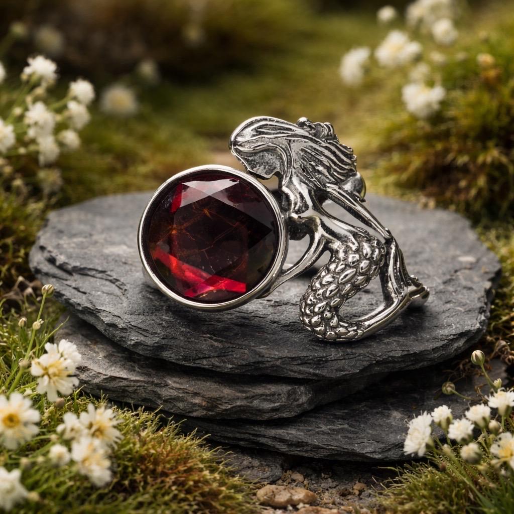 Large Mermaid Ring with Red Ammolite in 925 Sterling Silver - Adjustable Siren Goth Jewellery Celtic Dragon Jewellery