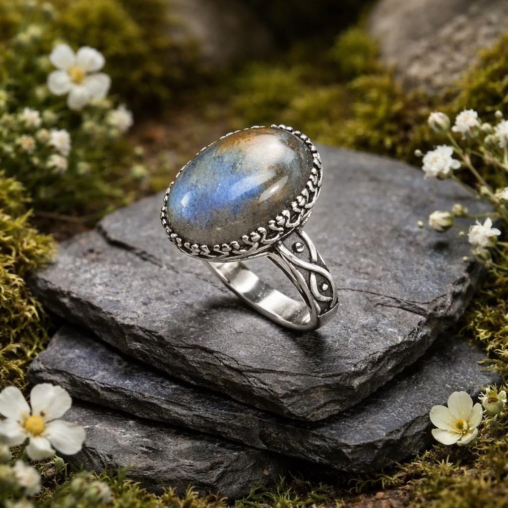 Oval Labradorite Ring in 925 Sterling Silver - Adjustable Celtic Infinity Goth Jewellery Celtic Dragon Jewellery