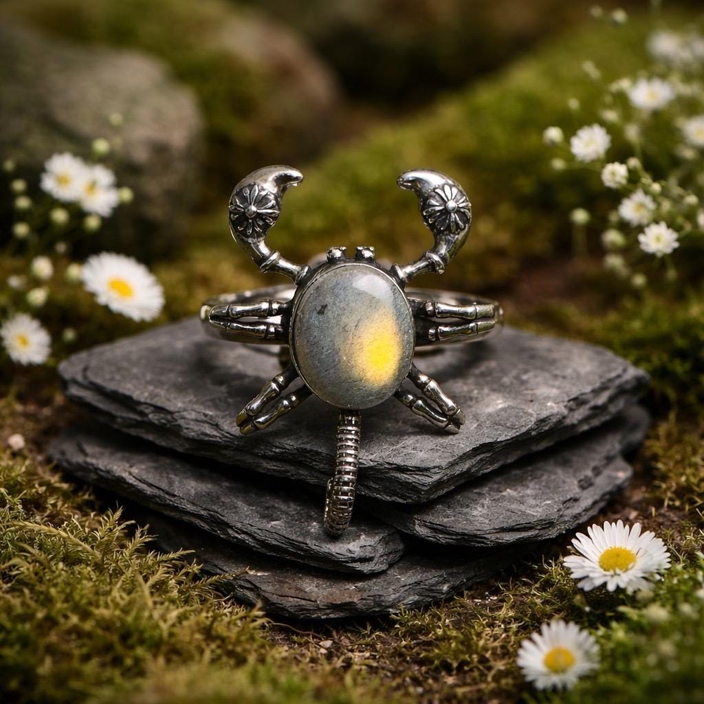 Scorpion Ring with Orange Labradorite in 925 Sterling Silver - Adjustable Goth Statement Jewellery Celtic Dragon Jewellery