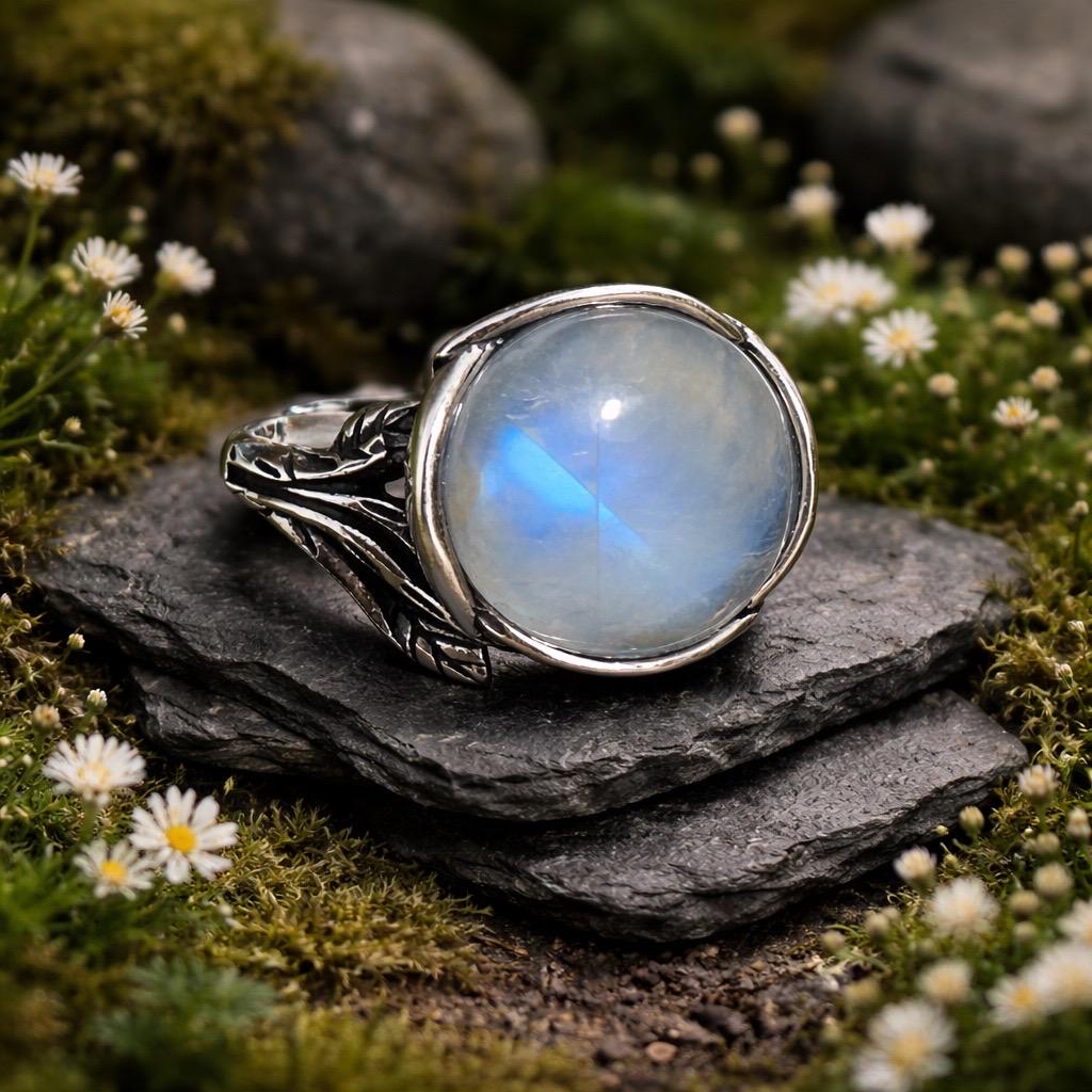 Large Moonstone Ring with Blue Flash in 925 Sterling Silver - Ornate Bohemian Statement Band Celtic Dragon Jewellery