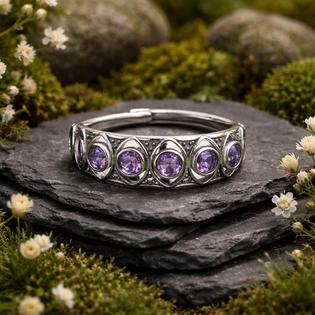 Celtic Amethyst Ring in 925 Sterling Silver - Antiqued Multi Stone Adjustable Jewellery Celtic Dragon Jewellery