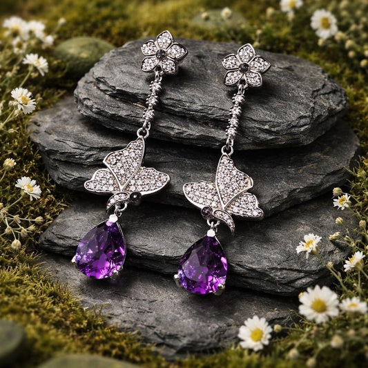 Amethyst Butterfly Dangle Earrings - Teardrop Cut 925 Sterling Silver Jewellery Celtic Dragon Jewellery