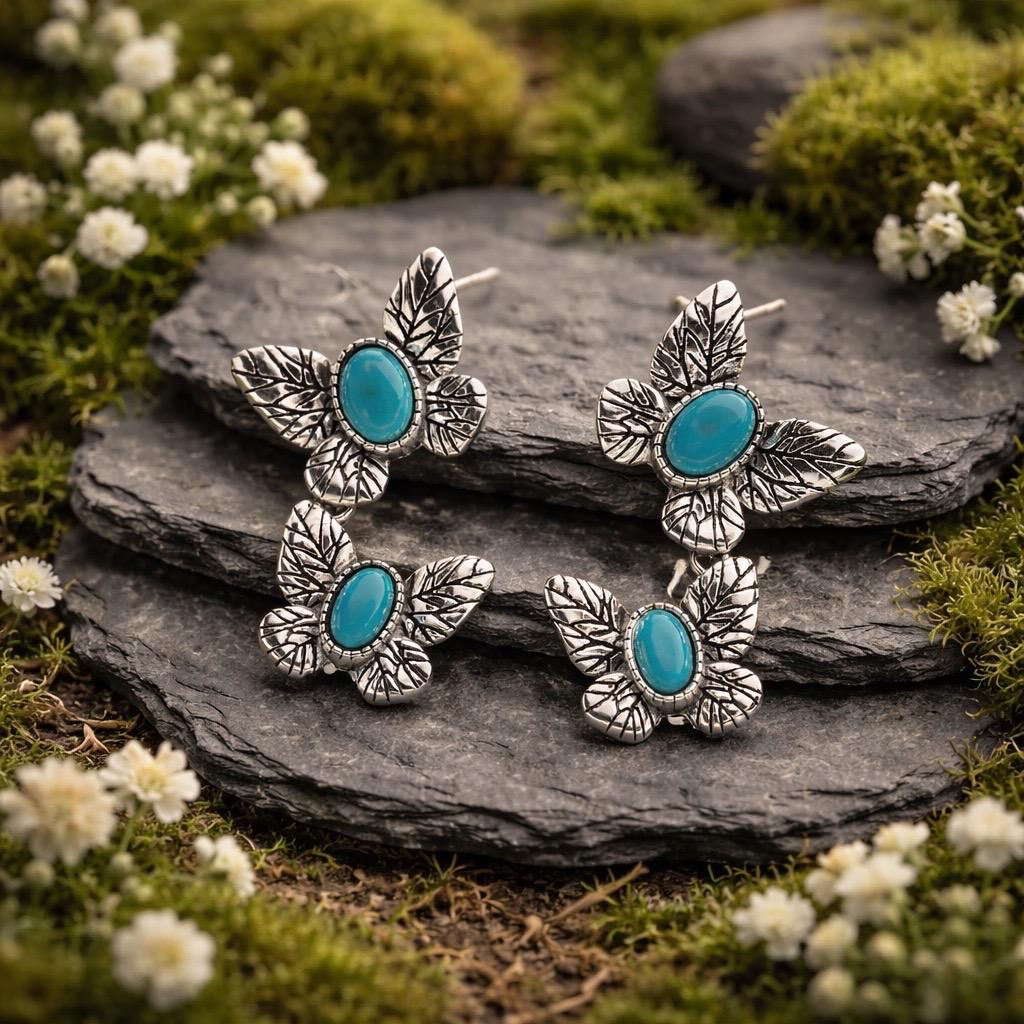 Butterfly Earrings With Turquoise in 925 Sterling Silver - Gift Box Included