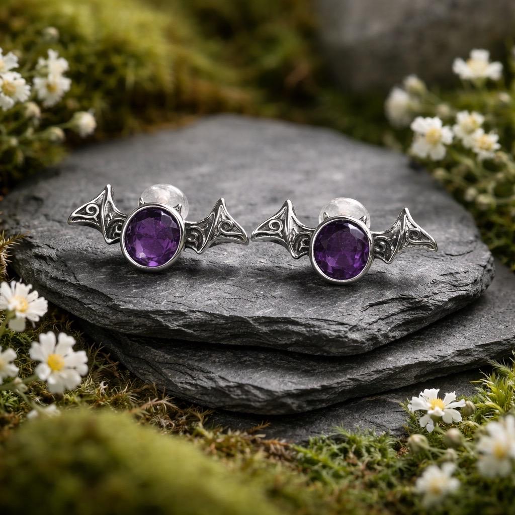 Bat Earrings with Amethyst in 925 Sterling Silver - Gothic Vampire Jewellery Celtic Dragon Jewellery