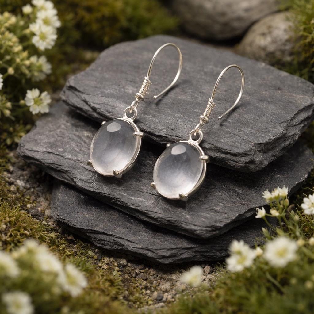 Rose Quartz Dangle Earrings - 925 Sterling Silver Jewellery