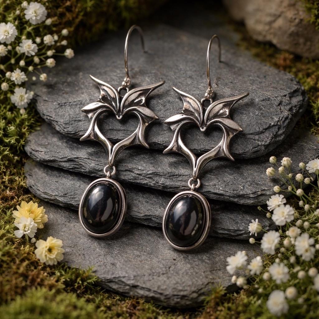 Bat Dangle Earrings with Hypersthene in 925 Sterling Silver - Gothic Vampire Jewellery Celtic Dragon Jewellery