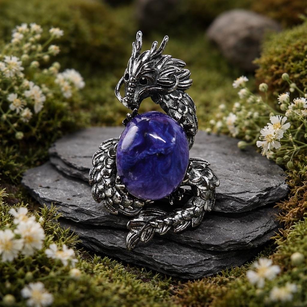 Charoite Dragon Pendant in 925 Sterling Silver - Aged Dark Fantasy Mythical Creature Amulet Celtic Dragon Jewellery