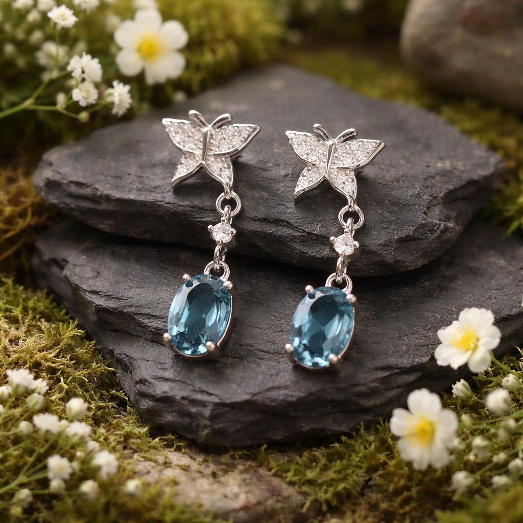 Elegant Blue Topaz Butterfly Dangle Earrings - 925 Sterling Silver Insect Jewellery Celtic Dragon Jewellery