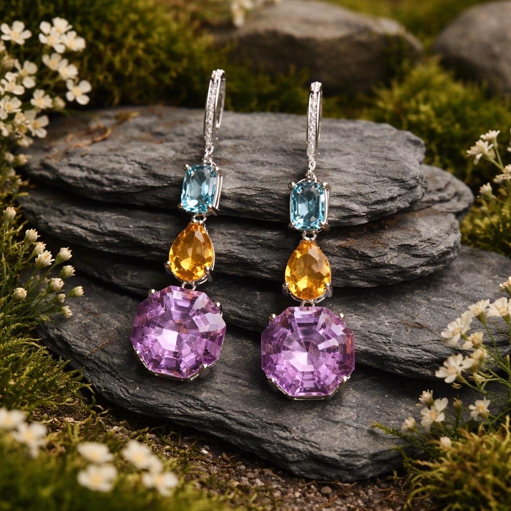 Amethyst Citrine & Blue Topaz Dangle Earrings - 925 Sterling Silver Mixed Gemstone Jewellery Celtic Dragon Jewellery