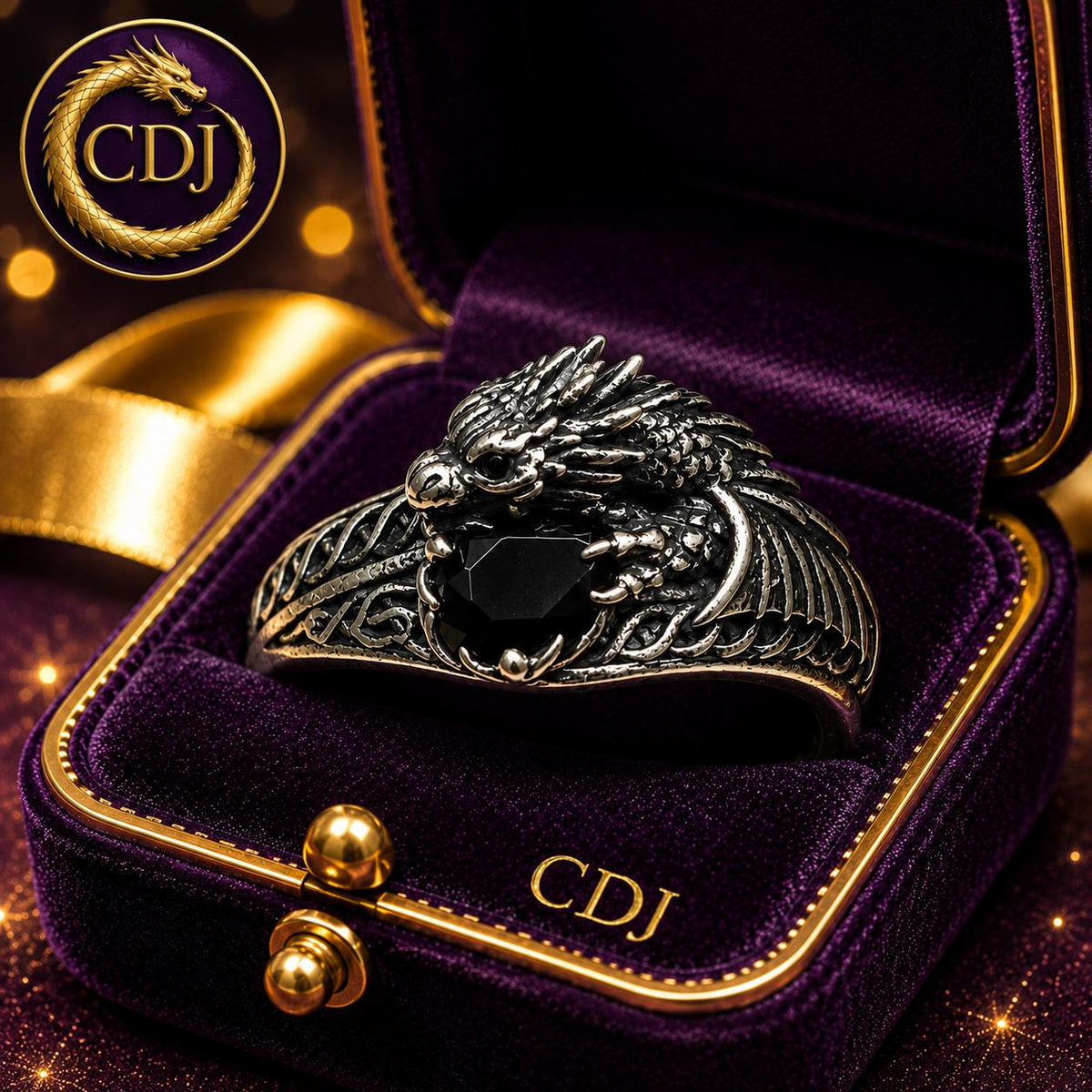 Celtic Dragon Ring with Black CZ, in 925 Sterling Silver - Limited Edition Goth Jewellery Celtic Dragon Jewellery