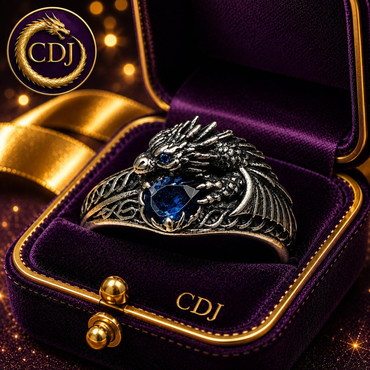 Celtic Dragon Ring with Tanzanite-Blue Cubic Zirconia - 925 Sterling Silver Gothic Jewellery Celtic Dragon Jewellery
