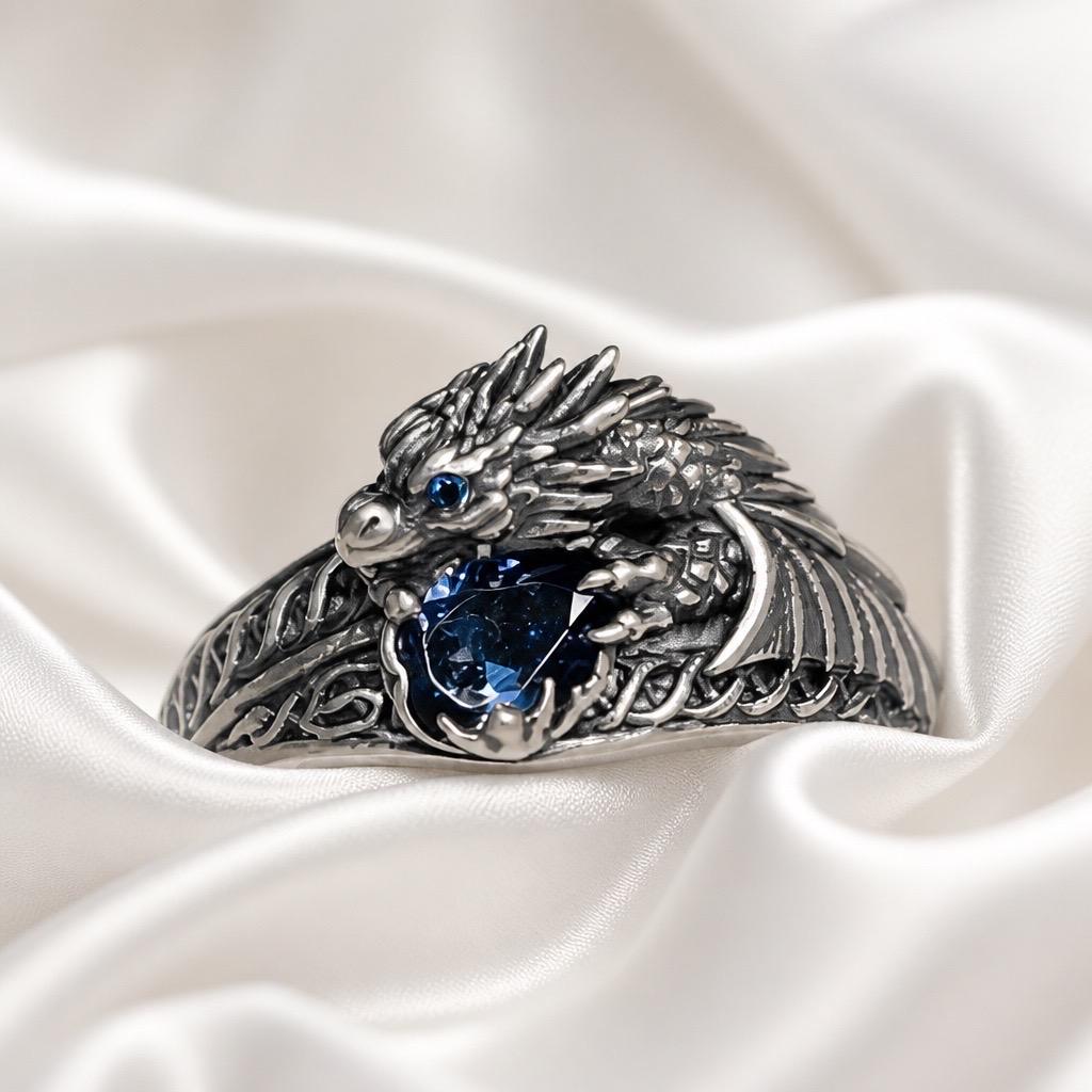 Celtic Dragon Ring with Tanzanite-Blue Cubic Zirconia - 925 Sterling Silver Gothic Jewellery Celtic Dragon Jewellery