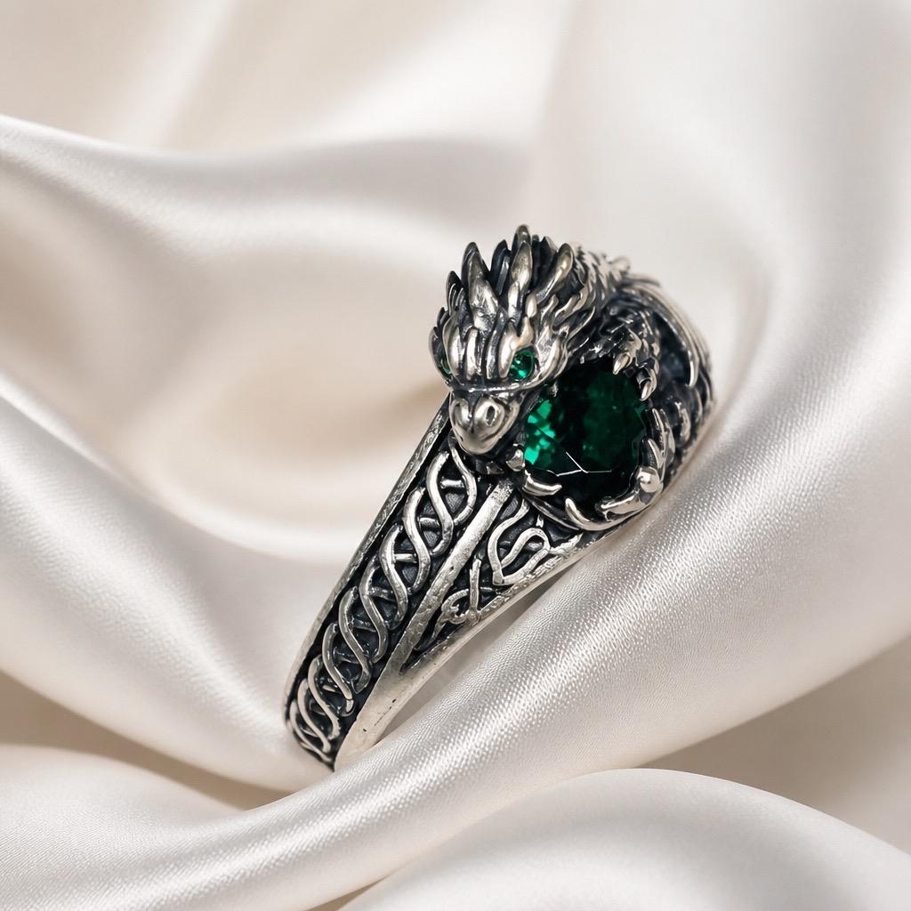 Celtic Dragon Ring with Green CZ, in 925 Sterling Silver - Limited Edition Goth Jewellery Celtic Dragon Jewellery