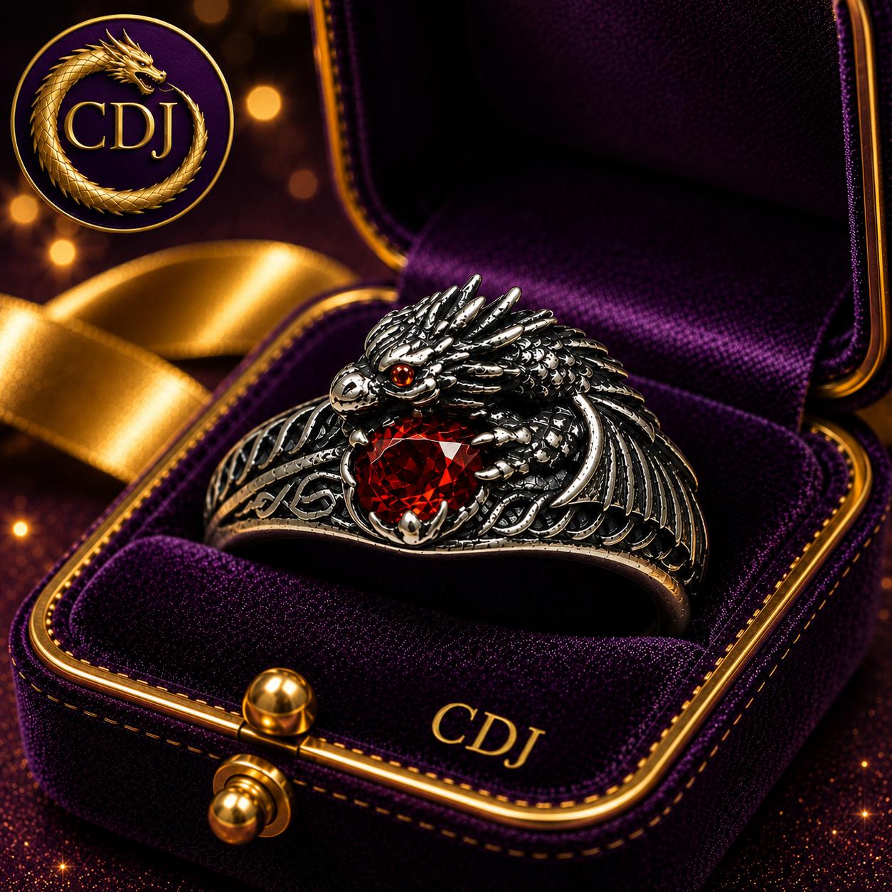 Celtic Dragon Ring with Red CZ, in 925 Sterling Silver - Limited Edition Goth Jewellery Celtic Dragon Jewellery