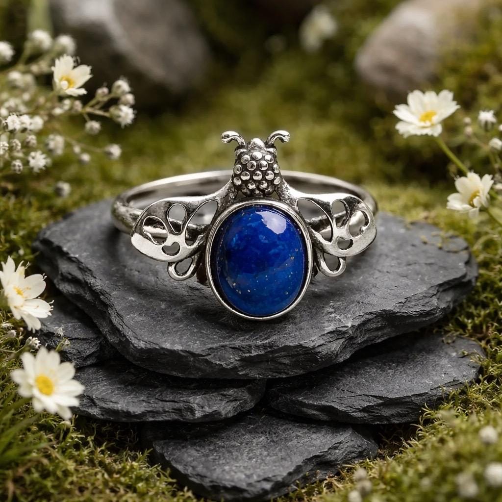 Honey Bee Ring with Lapis Lazuli in 925 Sterling Silver & Adjustable Band Celtic Dragon Jewellery