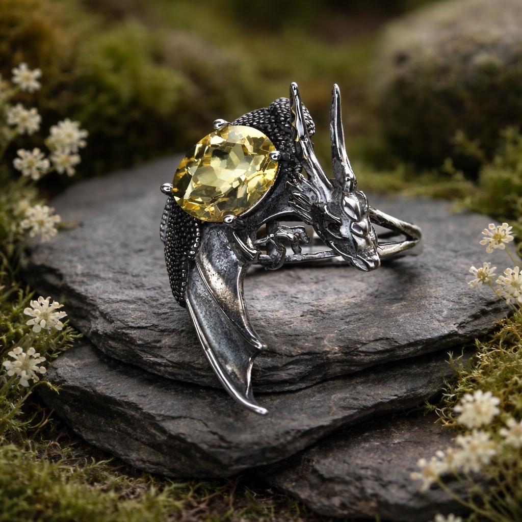 Dragon Ring with Citrine - 925 Sterling Silver - Adjustable Gothic Statement Jewellery Celtic Dragon Jewellery
