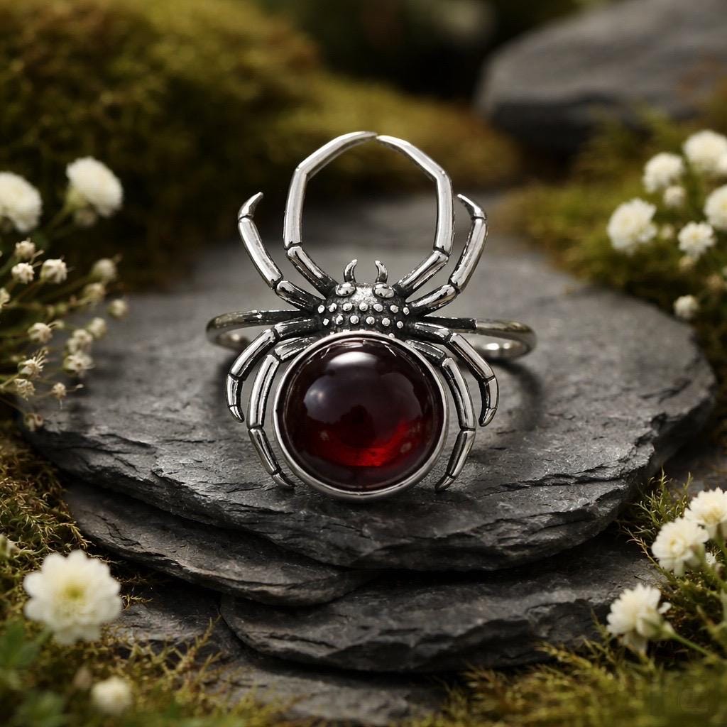Spider Ring with Red Tigers Eye in 925 Sterling Silver & Adjustable Band Celtic Dragon Jewellery