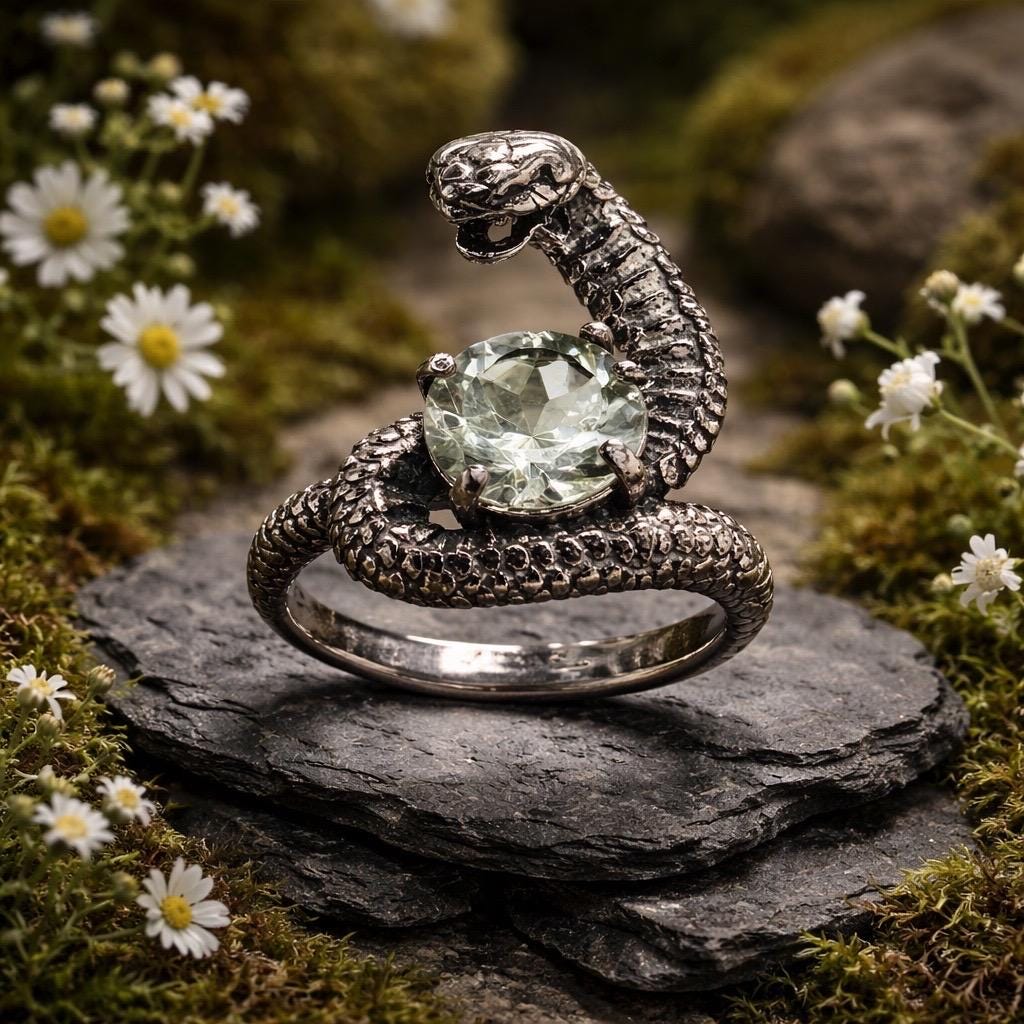 Cobra Snake Ring with Green Quartz in 925 Sterling Silver & Adjustable Band Celtic Dragon Jewellery