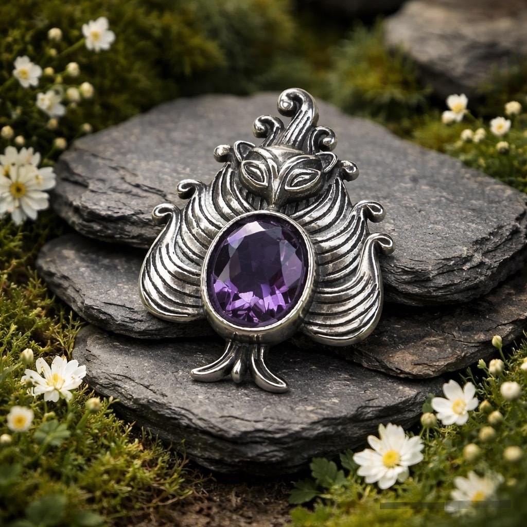 Nine-Tailed Fox Pendant with Amethyst in 925 Sterling Silver - Kitsune Jewellery Celtic Dragon Jewellery