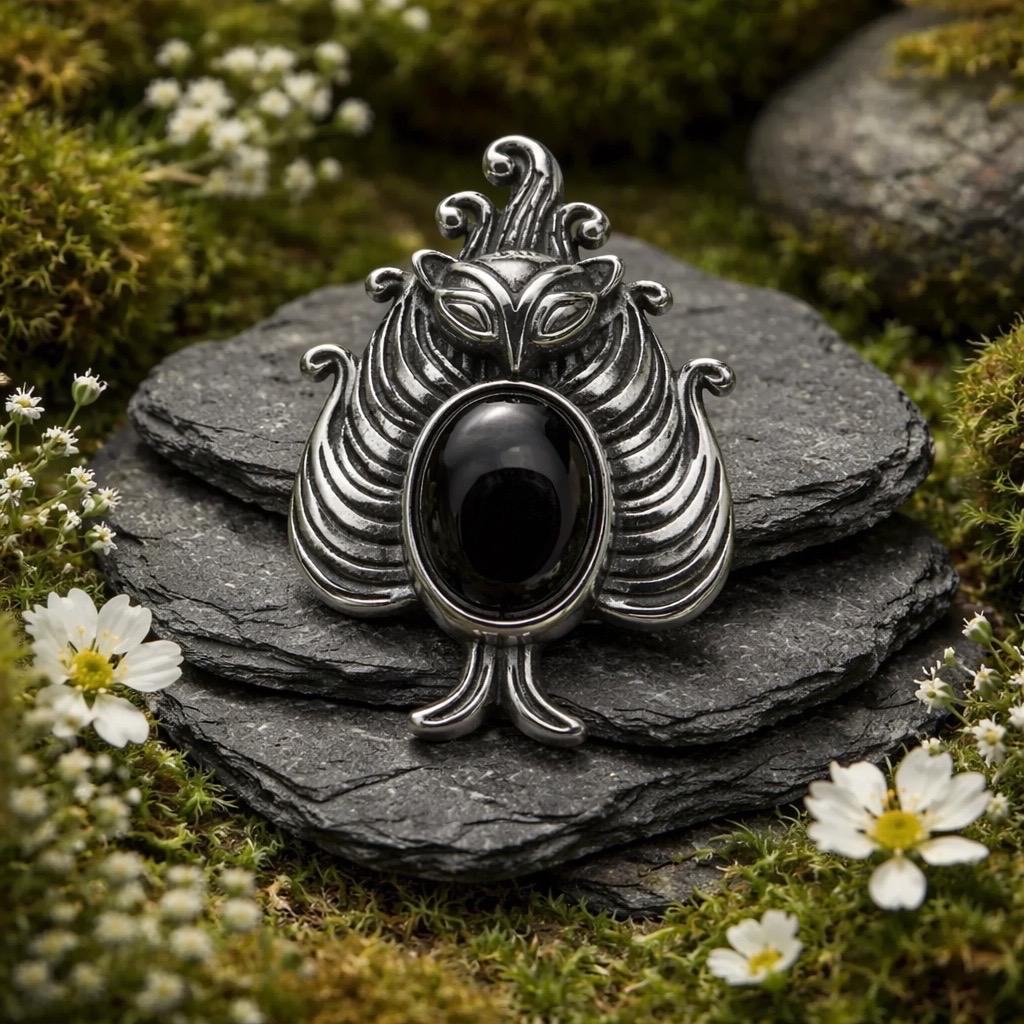 9 Tail Fox Pendant with Hypersthene in 925 Sterling Silver - Kitsune Jewellery Celtic Dragon Jewellery