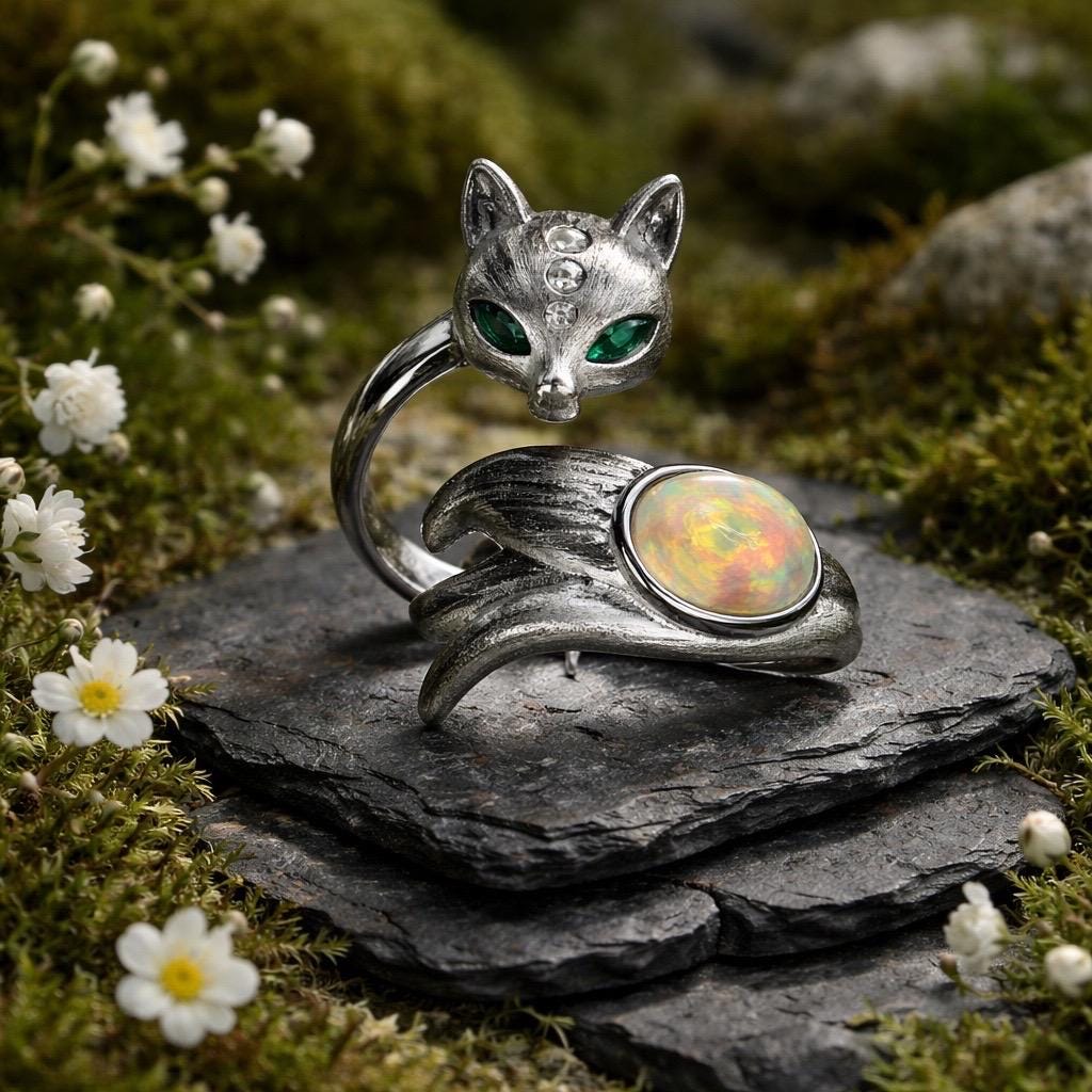 Fox Ring with Opal Cabochon in 925 Burnished Sterling Silver & Adjustable Band Celtic Dragon Jewellery