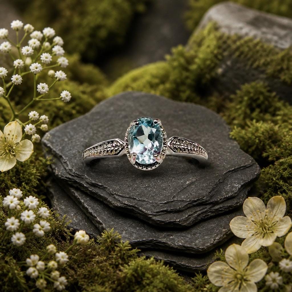 Blue Topaz Ring in 925 Sterling Silver - Delicate Textured Adjustable Band Celtic Dragon Jewellery