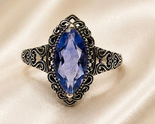 Blue Fluorite Marquise Ring in 925 Sterling Silver - Adjustable Victorian Style Jewellery Celtic Dragon Jewellery