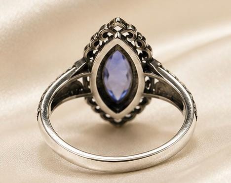 Blue Fluorite Marquise Ring in 925 Sterling Silver - Adjustable Victorian Style Jewellery Celtic Dragon Jewellery