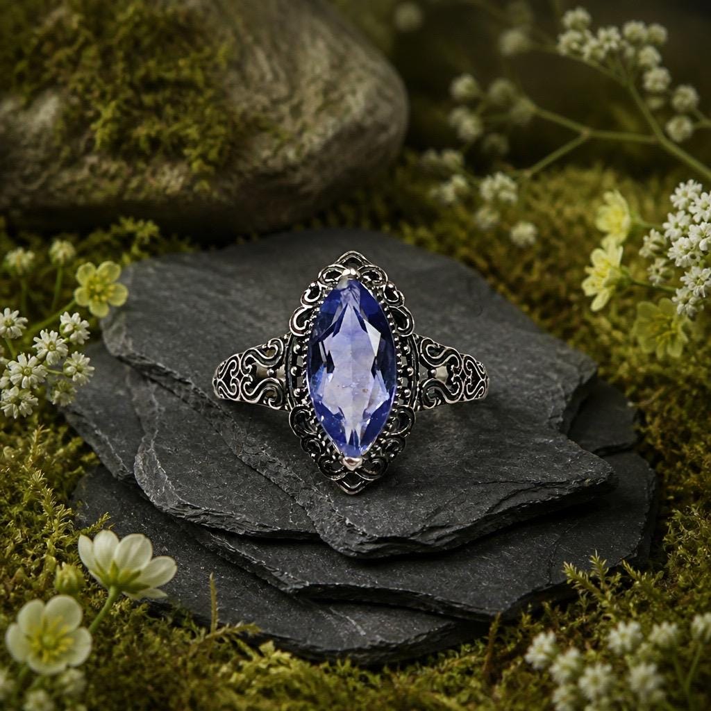 Blue Fluorite Marquise Ring in 925 Sterling Silver - Adjustable Victorian Style Jewellery Celtic Dragon Jewellery