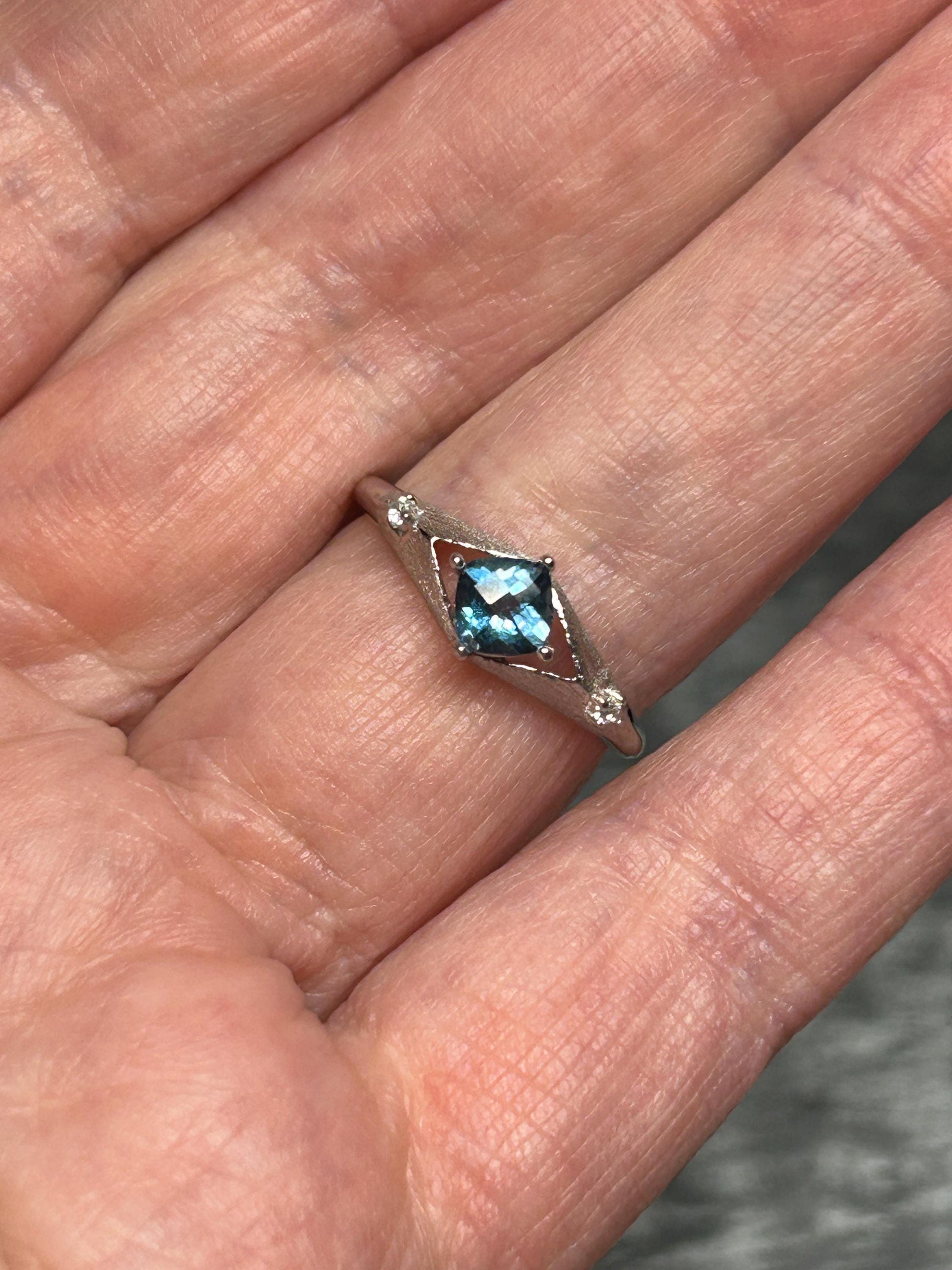 Blue Topaz Solitaire Ring in 925 Sterling Silver - Geometric CZ Accent, Adjustable Band Celtic Dragon Jewellery