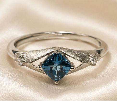 Blue Topaz Solitaire Ring in 925 Sterling Silver - Geometric CZ Accent, Adjustable Band
